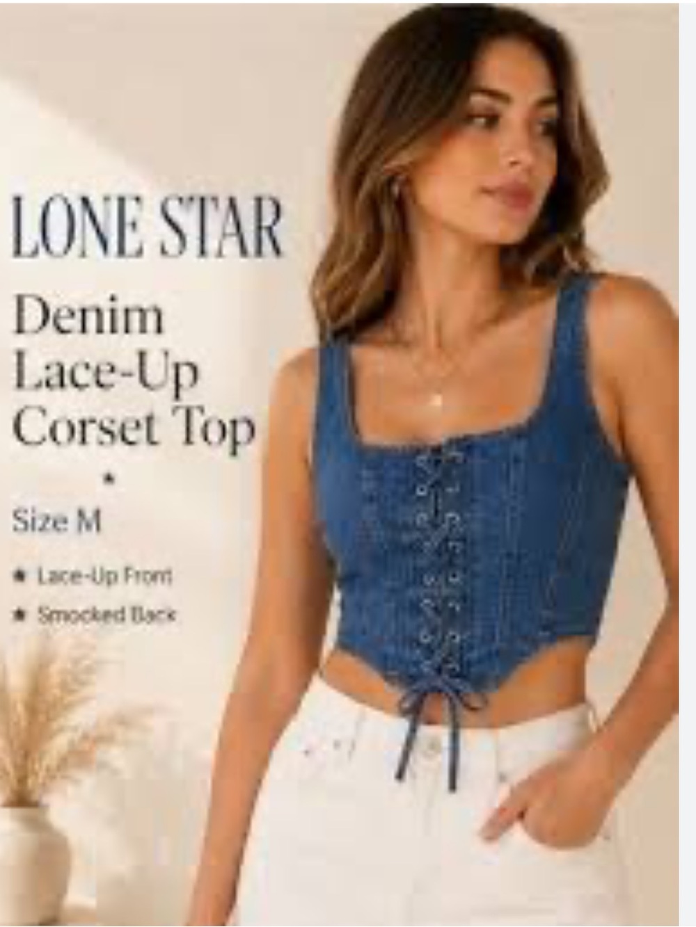 NWOT Lone Star Denim Lace-Up Corset Top with smocked back- Blue, Size Medium